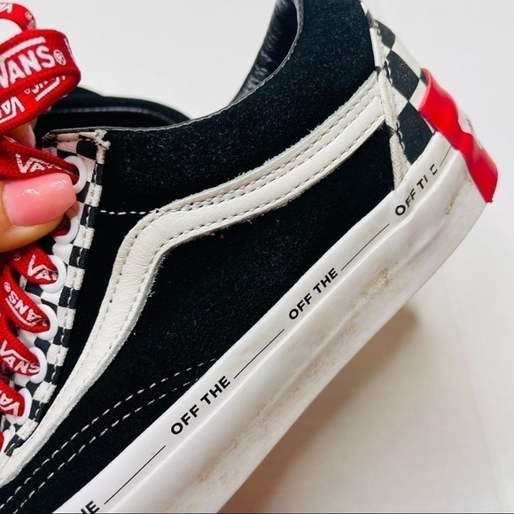 Vans Old Skool Black Suede & Checkerboard Disarray Sneakers with Red Laces - Picture 11 of 14
